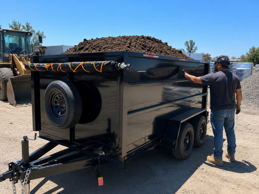 Black dump trailer piled with soil
