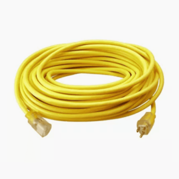 Coiled yellow extension cord with plug
