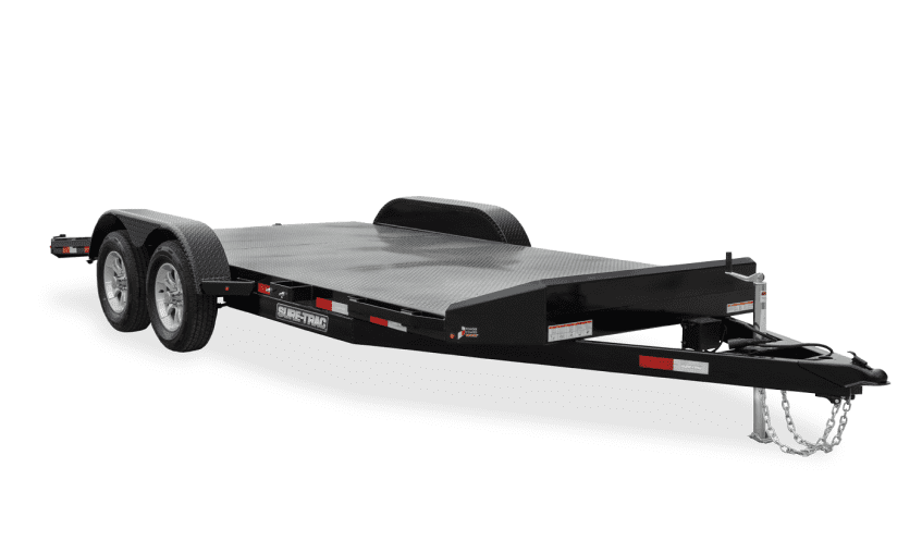 Black two-axle flatbed car trailer